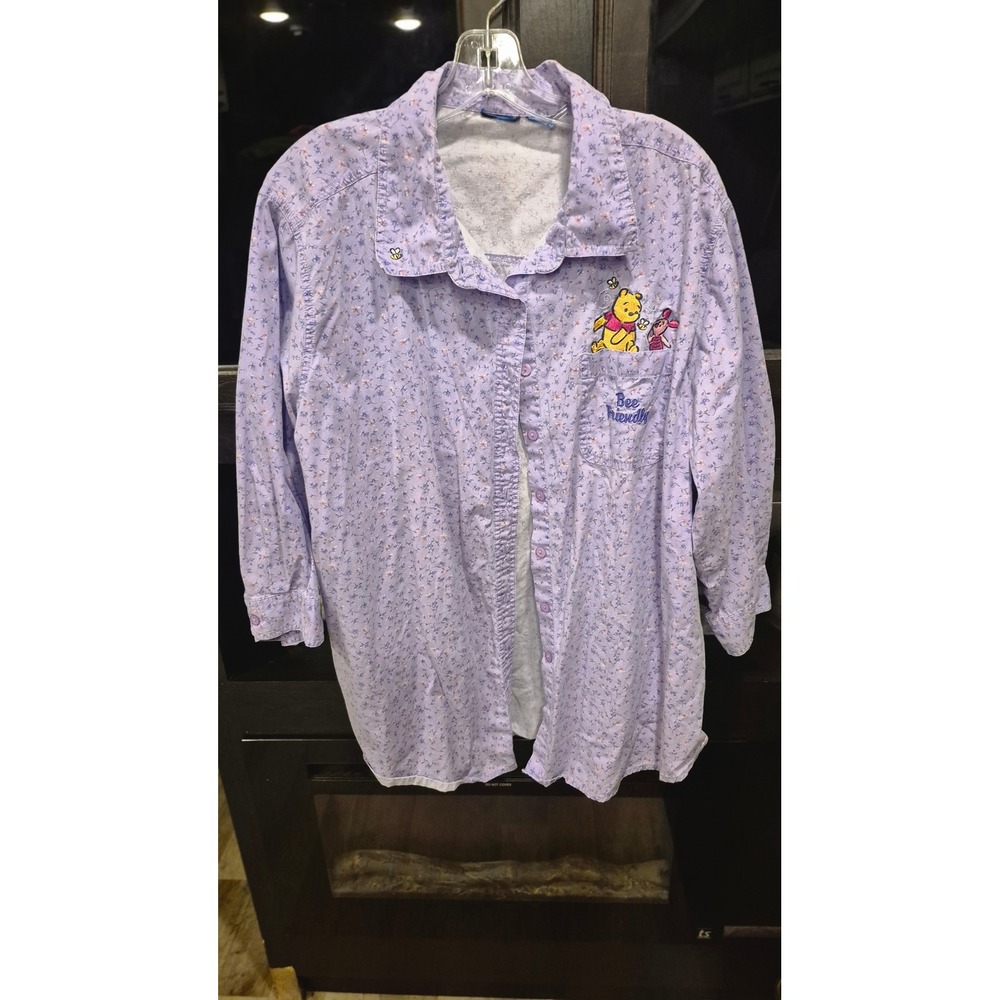 Y2K Disney Winnie the Pooh Bee Friendly Floral Button Down Shirt Lavender XL